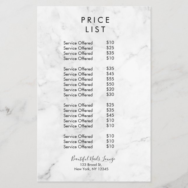Marble Nail Salon Price List Menu Flyer (Front)