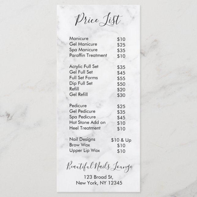 Marble  Nail Salon Professional Price List Menu (Front)