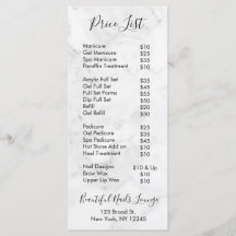 Marble Nail Salon Professional Price List Menu