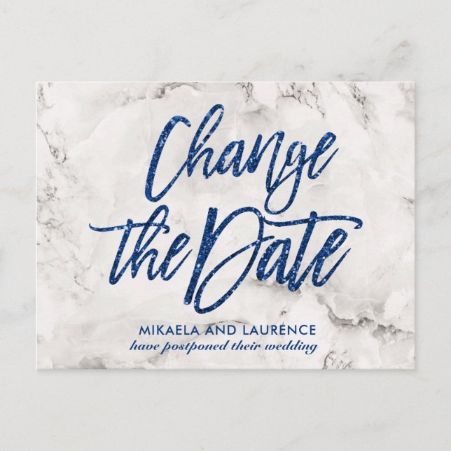 Marble Navy Blue glitter script change the date Announcement Postcard (Front)