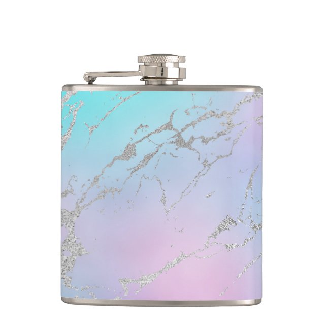 Marble Pastel Blue Silver Glitter Elegant Girly Hip Flask (Front)