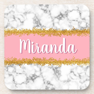 Marble Pattern on Pink with Gold Glitter Coaster