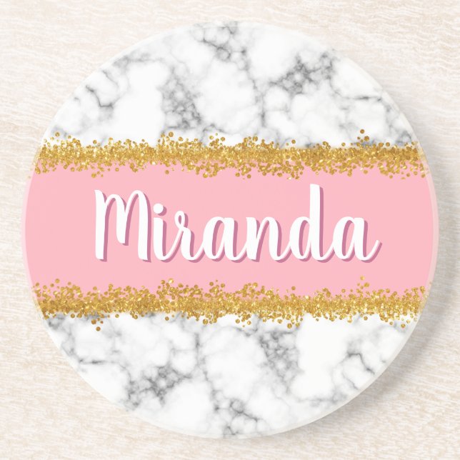 Marble Pattern on Pink with Gold Glitter Coaster (Front)