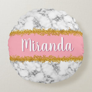 Marble Pattern on Pink with Gold Glitter Round Pillow
