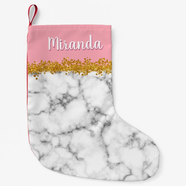 Marble Pattern on Pink with Gold Glitter Small Christmas Stocking (Front)