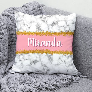 Marble Pattern on Pink with Gold Glitter Throw Pillow