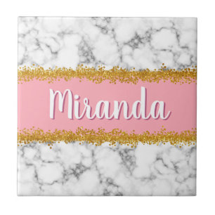 Marble Pattern on Pink with Gold Glitter Tile