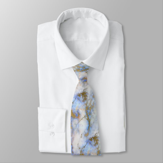 MARBLE PATTERNED BLUE GOLD SWIRL TIE (Tied)