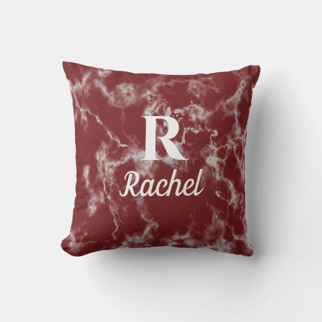 Marble Patterns Burgundy Red Monogram Initial Name Outdoor Pillow (Front)