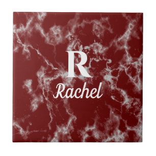 Marble Patterns Burgundy Red Monogram Initial Name Tile