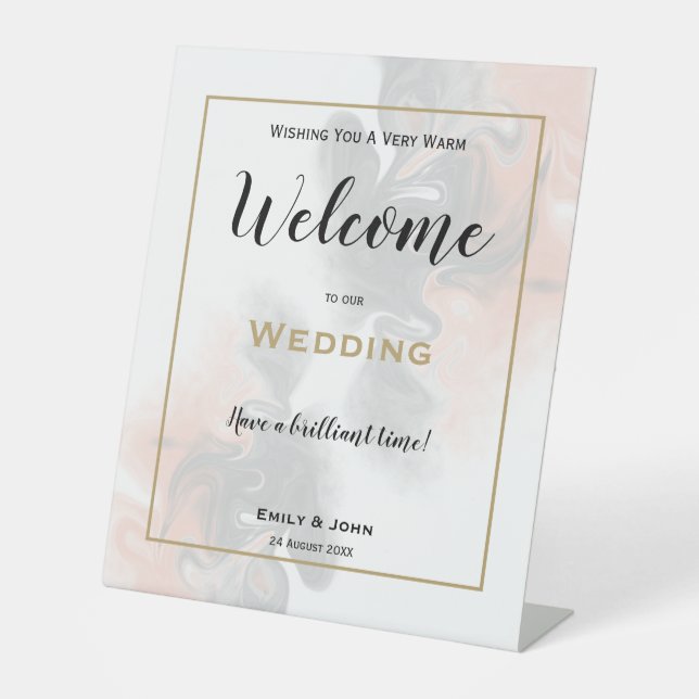 Marble Peach Grey Watercolor Welcome to Wedding Pedestal Sign (Front)