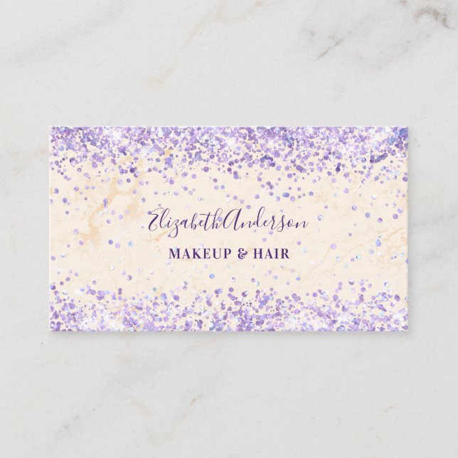 Marble peach purple confetti qr code business card (Front)