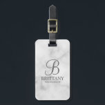 Marble Personalized Bridesmaid's Name and Monogram Luggage Tag<br><div class="desc">Elegant Black and White Personalized Bridesmaid Gifts featuring personalized monogram in grey elegant script font style with bridesmaid's name and title in classic serif font style on white marble background. Also perfect for groomsmen, best man, father of the bride, maid of honour, flower girl, mother of the bride and more....</div>