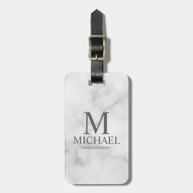 Marble Personalized Groomsman Name and Monogram Luggage Tag (Front Vertical)