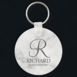 Marble Personalized Groomsman's Name and Monogram Keychain<br><div class="desc">Elegant Black and White Personalized Groomsman Gifts featuring personalized monogram in grey elegant script font style with groomsman's name and title in classic serif font style on white marble background. Also perfect for best man, father of the bride, bridesmaid, maid of honour, flower girl, mother of the bride and more....</div>