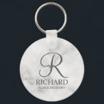 Marble Personalized Groomsman's Name and Monogram Keychain<br><div class="desc">Elegant Black and White Personalized Groomsman Gifts featuring personalized monogram in grey elegant script font style with groomsman's name and title in classic serif font style on white marble background. Also perfect for best man, father of the bride, bridesmaid, maid of honour, flower girl, mother of the bride and more....</div>