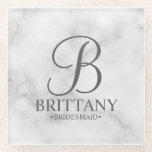 Marble Personalized Monogram and Name Bridesmaid Glass Coaster<br><div class="desc">Modern Personalized Bridesmaid Gifts
featuring personalized monogram in elegant script font style with bridesmaid's name and title in classic serif font style on white marble background.

Also perfect for maid of honour,  mother of the bride and more.</div>