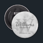 Marble Personalized Script Groomsmen Bottle Opener<br><div class="desc">Add a personal touch to your wedding with personalized groomsmen bottle opener. This bottle opener features personalized groomsman's name in grey classic script font style with wedding details in grey classic serif font style and monogram in light grey classic serif font style as background, on white marble background. Also perfect...</div>