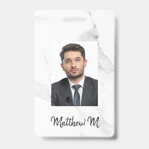 Marble photo name minimalist white grey badge