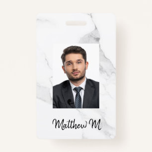Marble photo name minimalist white grey badge