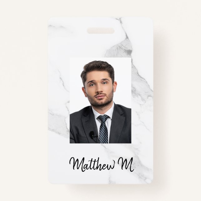 Marble photo name minimalist white grey badge (Front)
