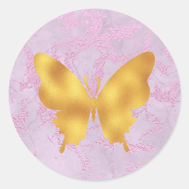 Marble Pink And Gold Butterfly Classic Round Sticker (Front)