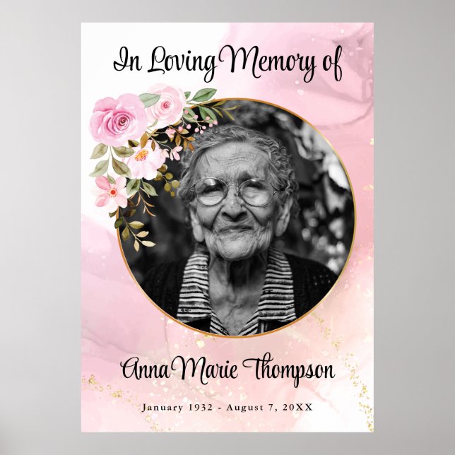 Marble Pink and Gold Floral Funeral Poster (Front)