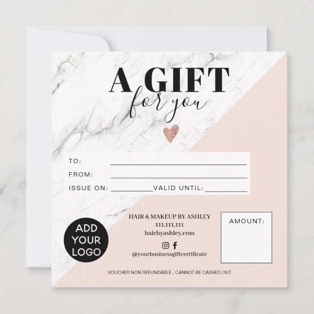 Marble pink block square gift certificate logo (Front)