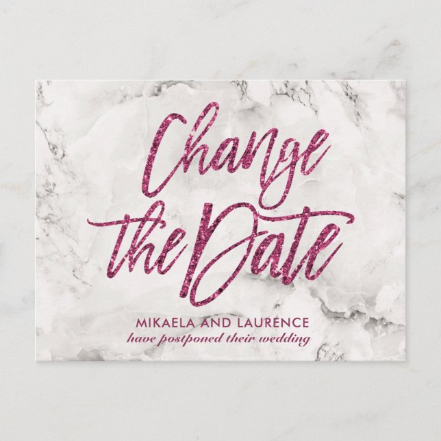 Marble Pink glitter script change the date Announcement Postcard (Front)