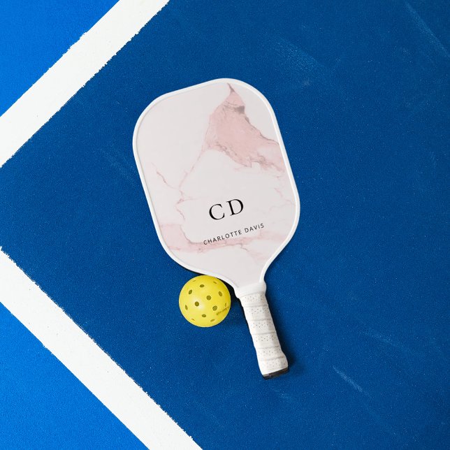 Marble pink monogram initials name pickleball paddle (Creator Uploaded)
