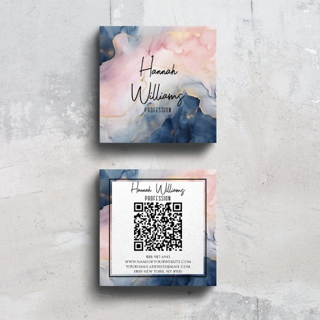 Marble Pink Navy Blue Agate QR Code Liquid Square Business Card (Creator Uploaded)