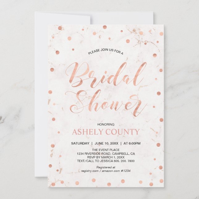 Marble & Polka dot, Modern Rose Gold Bridal Shower Invitation (Front)