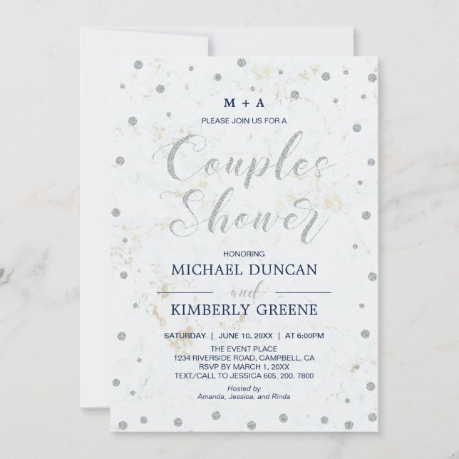 Marble & Polka dot | Silver Couples Wedding Shower Invitation (Front)