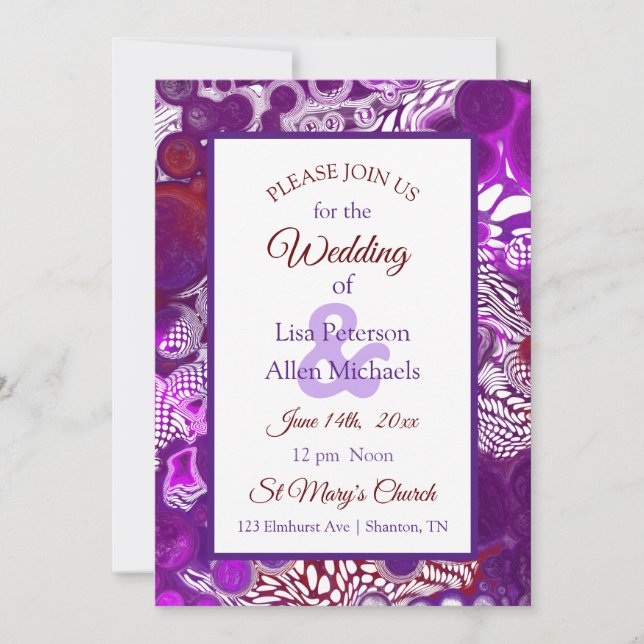 Marble Purple Burgundy Pour Painting Wedding  Invitation (Front)