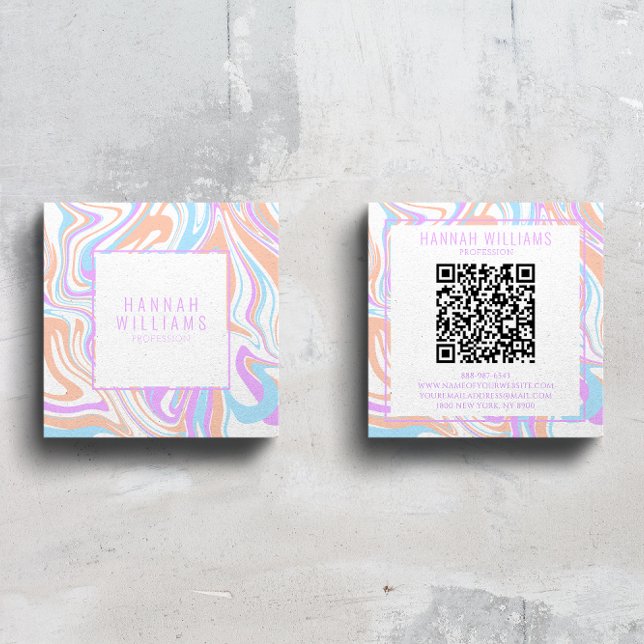 Marble Purple Pastel Agate QR Code Girly Rainbow  Square Business Card (Creator Uploaded)