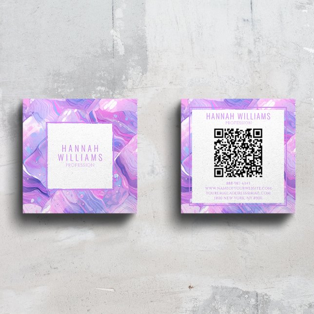 Marble Purple Pink Agate QR Code Girly Trendy Square Business Card (Creator Uploaded)