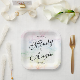 Marble Rainbow Gay Script Wedding Paper Plate