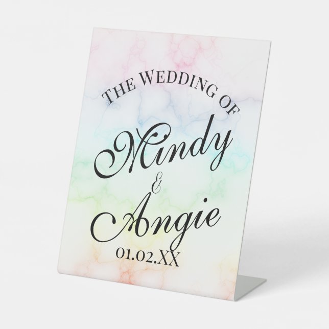 Marble Rainbow Gay Script Wedding Pedestal Sign (Front)