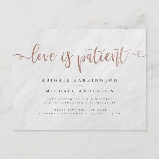 Marble & Rose Gold Calligraphy Love Is Patient Invitation Postcard (Front)