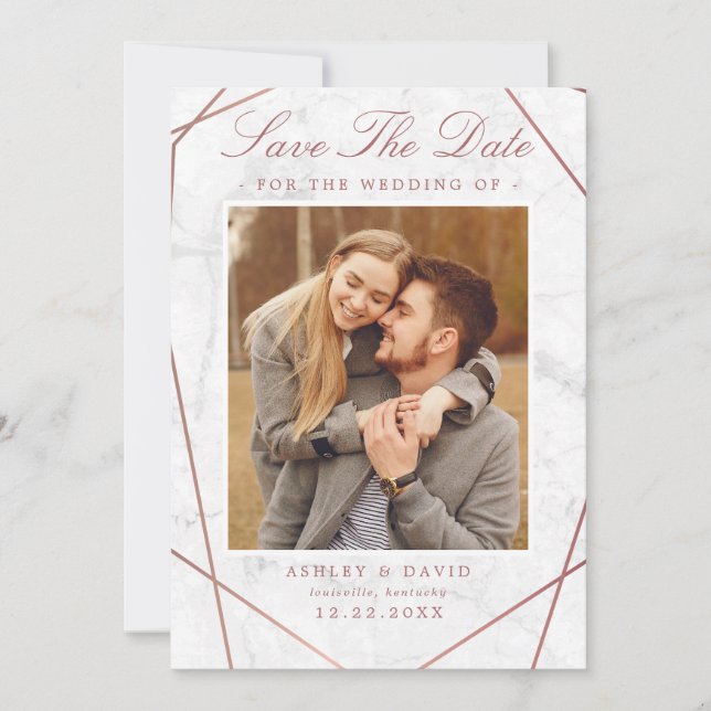Marble Rose Gold Geometric Photo Save The Date (Front)