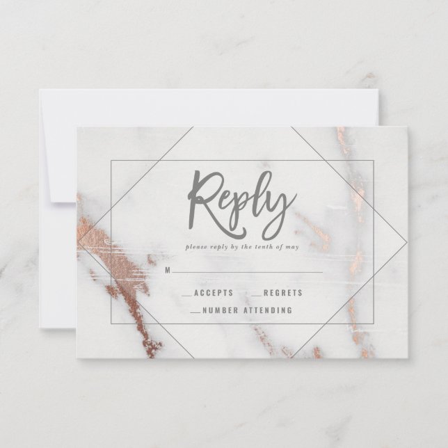Marble, rose gold, geometric wedding reply r.s.v.p RSVP card (Front)