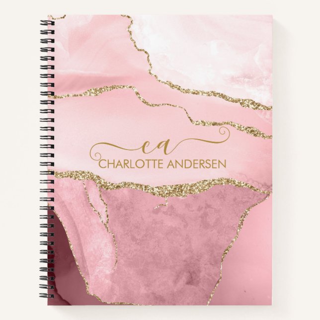 Marble Rose Gold Glitter Script Monogram  Notebook (Front)