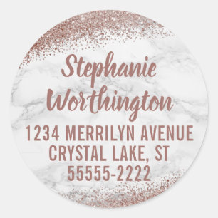 Marble & Rose Gold Glitter Script Return Address Classic Round Sticker