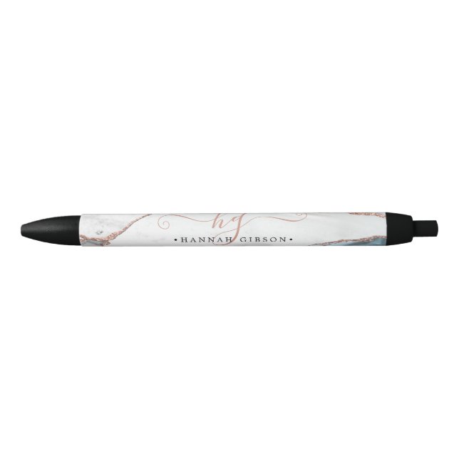 Marble Rose Gold Glitter Teal Script Monogram Black Ink Pen (Front)