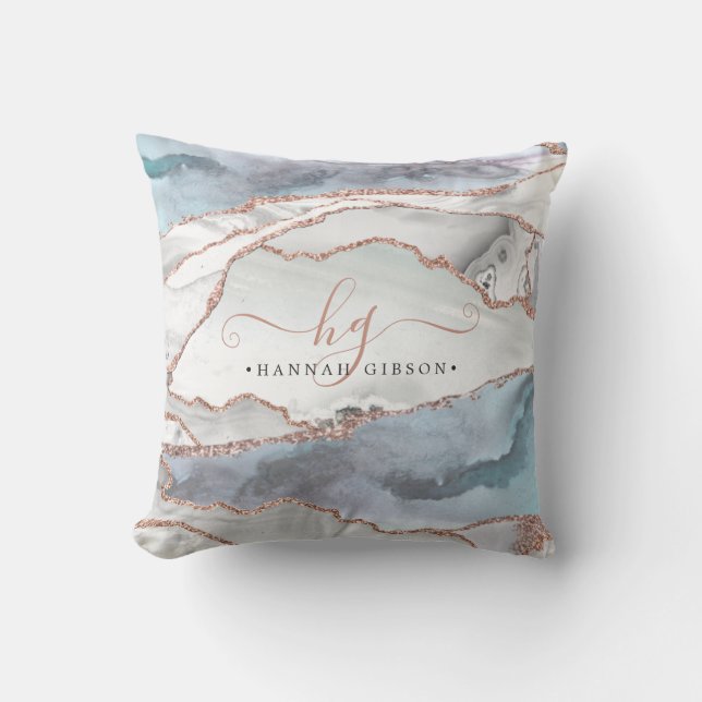 Marble Rose Gold Glitter Teal Script Monogram Throw Pillow (Front)