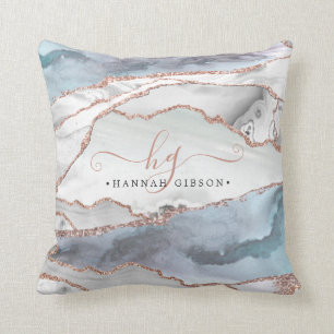 Marble Rose Gold Glitter Teal Script Monogram Throw Pillow