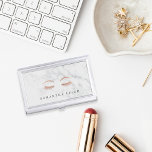Marble Rose Gold Lashes & Brows Personalized Business Card Holder<br><div class="desc">Elegant business card holder for aestheticians or makeup artists features your name and/or business name in dark grey lettering on a luxe white marble background adorned with a pair of lush lashes and brows in faux rose gold foil.</div>