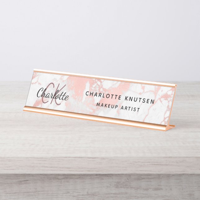 Marble rose gold monogram modern professional  desk name plate (Front)