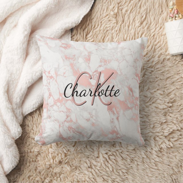 Marble rose gold monogram name throw pillow (Blanket)