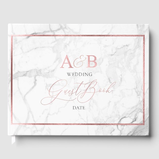 Marble Rose Gold Monogram+Romantic Font Guest Book (Front)